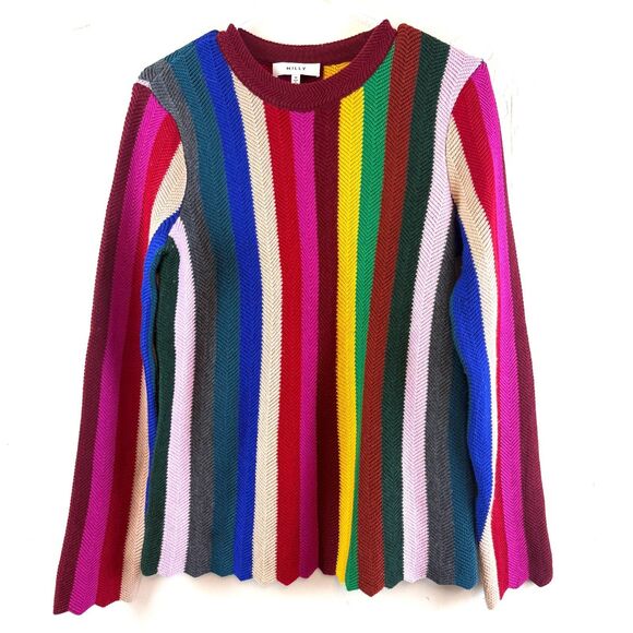 Milly Wool Vertical Striped Chevron Edge Rainbow Colorful Sweater Preppy Size M - Picture 1 of 9